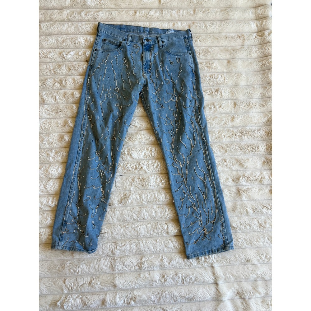 Wrangler Rugged Wear Mens Custom Rhinestone Embellished Jeans Light Wash 35x32